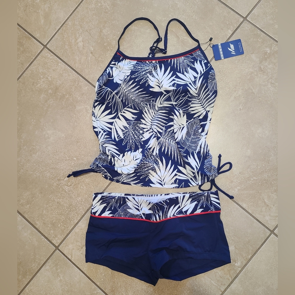 Hilor Tankini Two Piece Bathing Suit with Boy Shorts in Navy Leaves